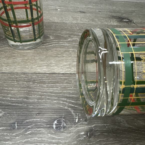 Georges Briard Rocks Glass Double Old Fashioned Red Green Gold Plaid 12oz~4 Pc - Picture 10 of 10